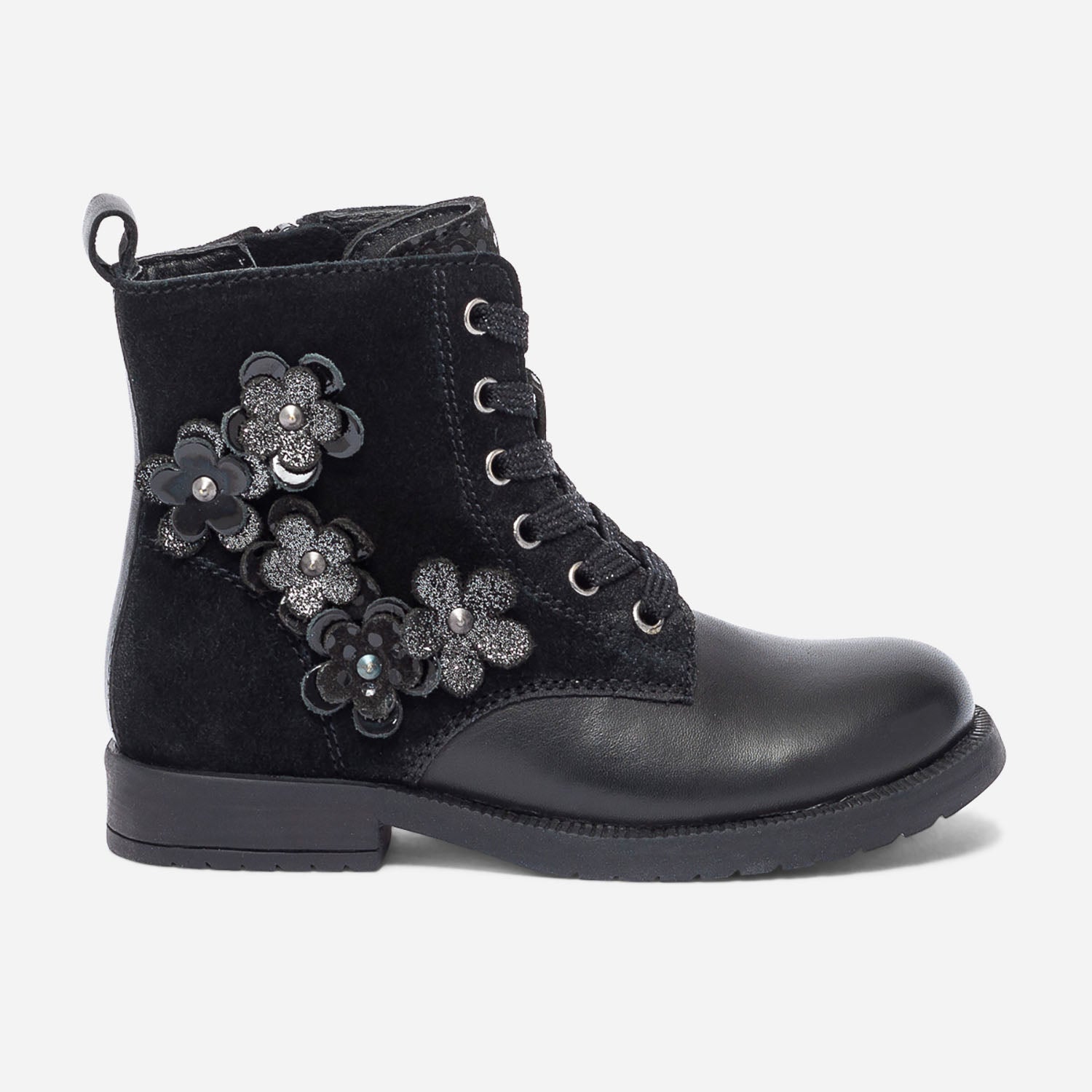 Bottine noire bi matiere avec decor fleurs Boots Enfant ERAM