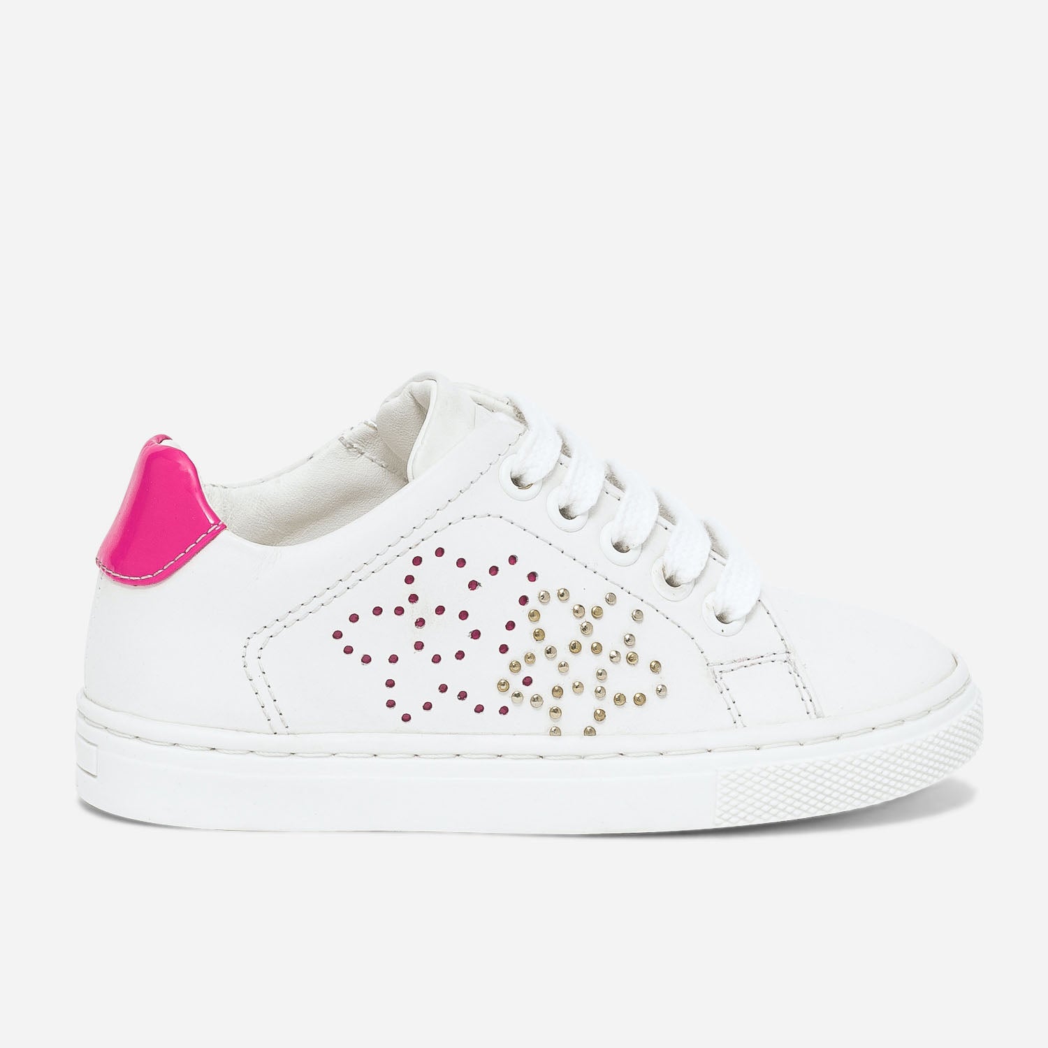 Tennis BUGGY blanche en cuir contrefort rose fluo verni