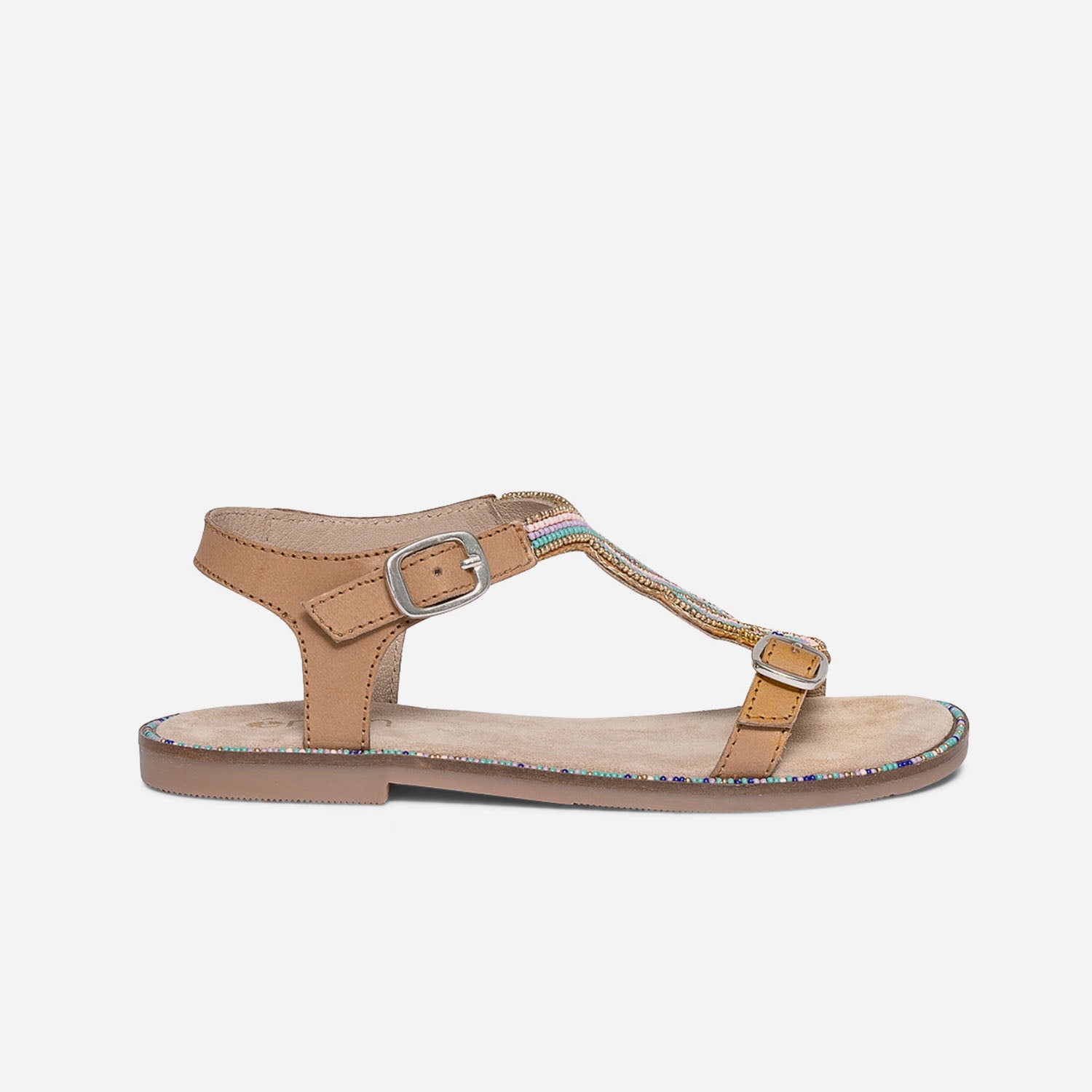 Sandale beige en cuir brodee perles bleues Sandales Enfant ERAM