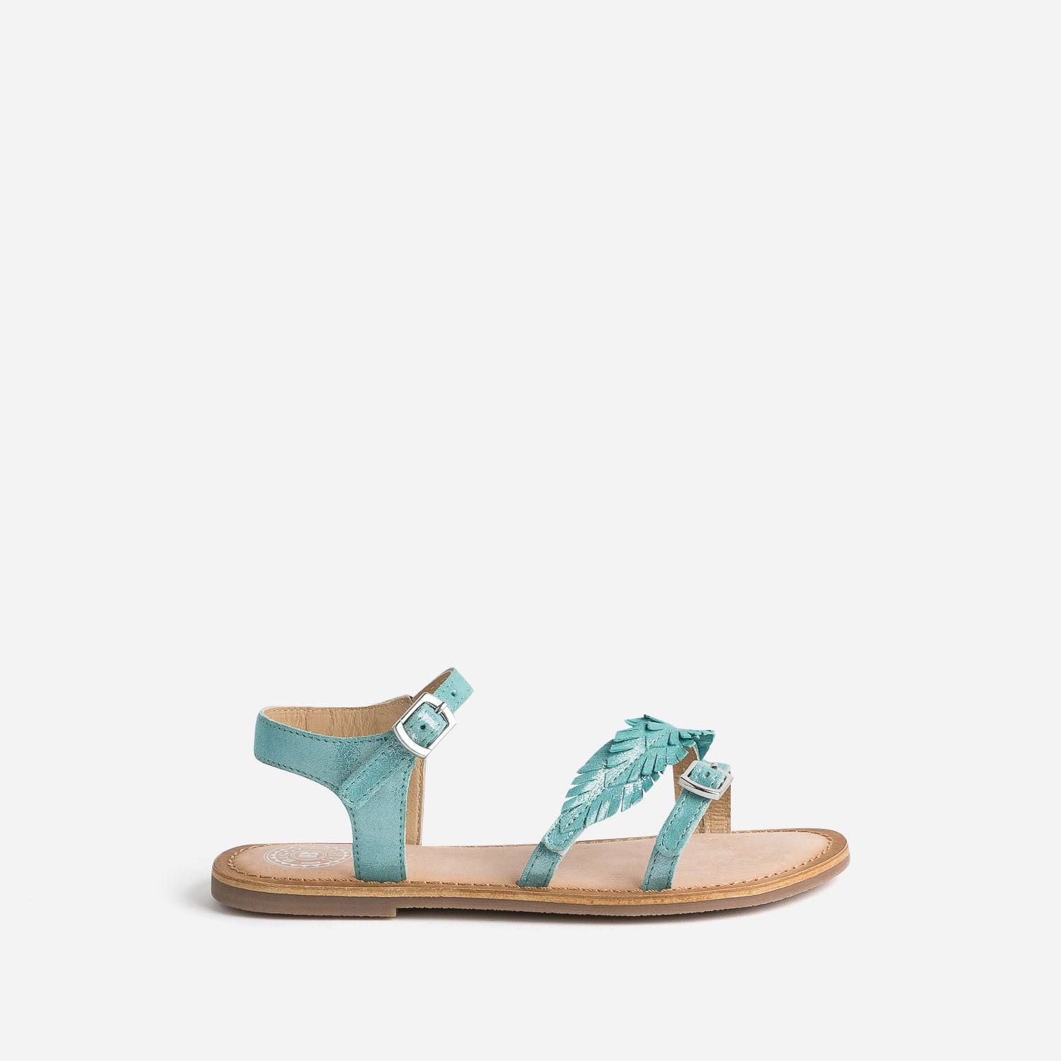 Sandale BUGGY turquoise en cuir velours avec plumes