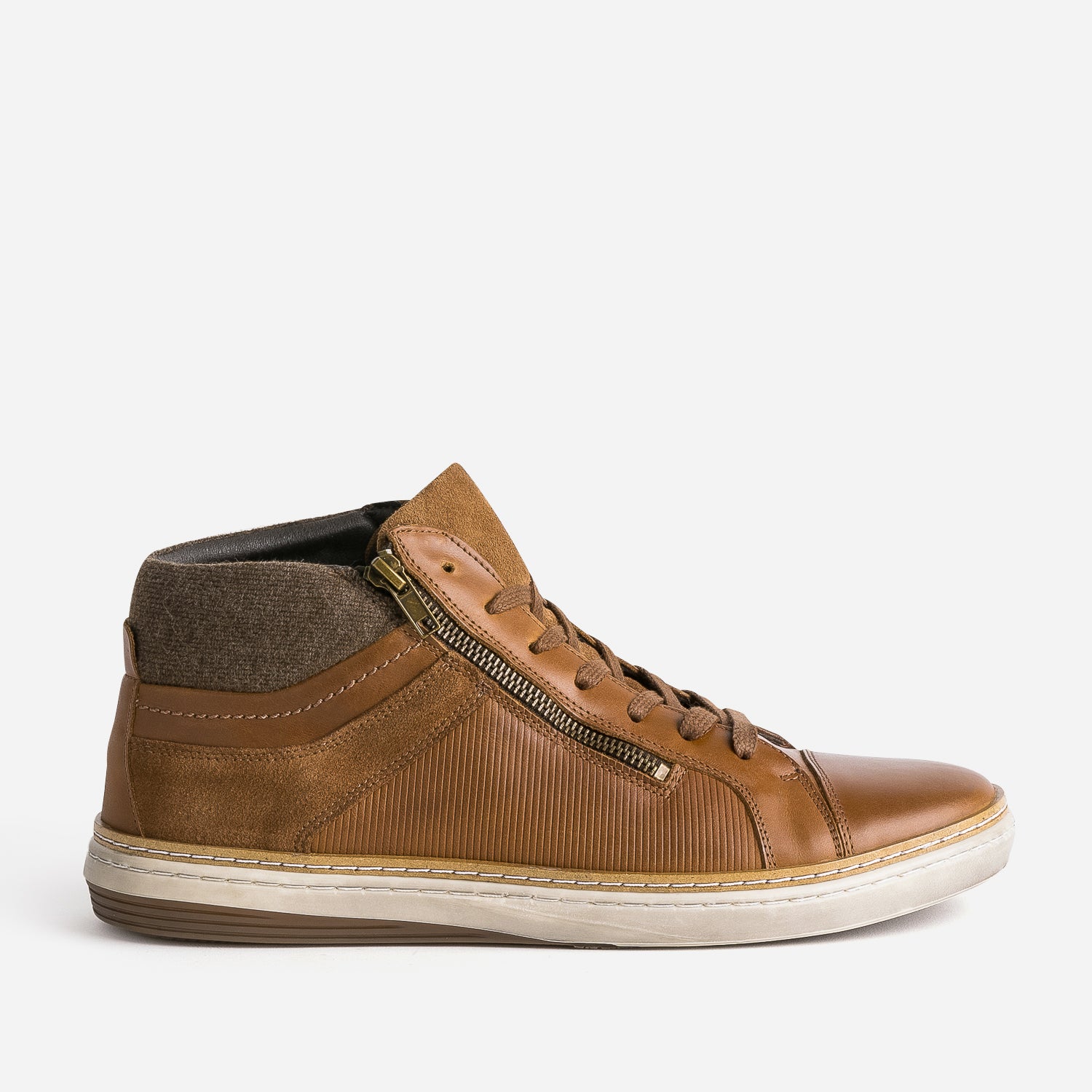 Basket cognac cuir empiecement textile