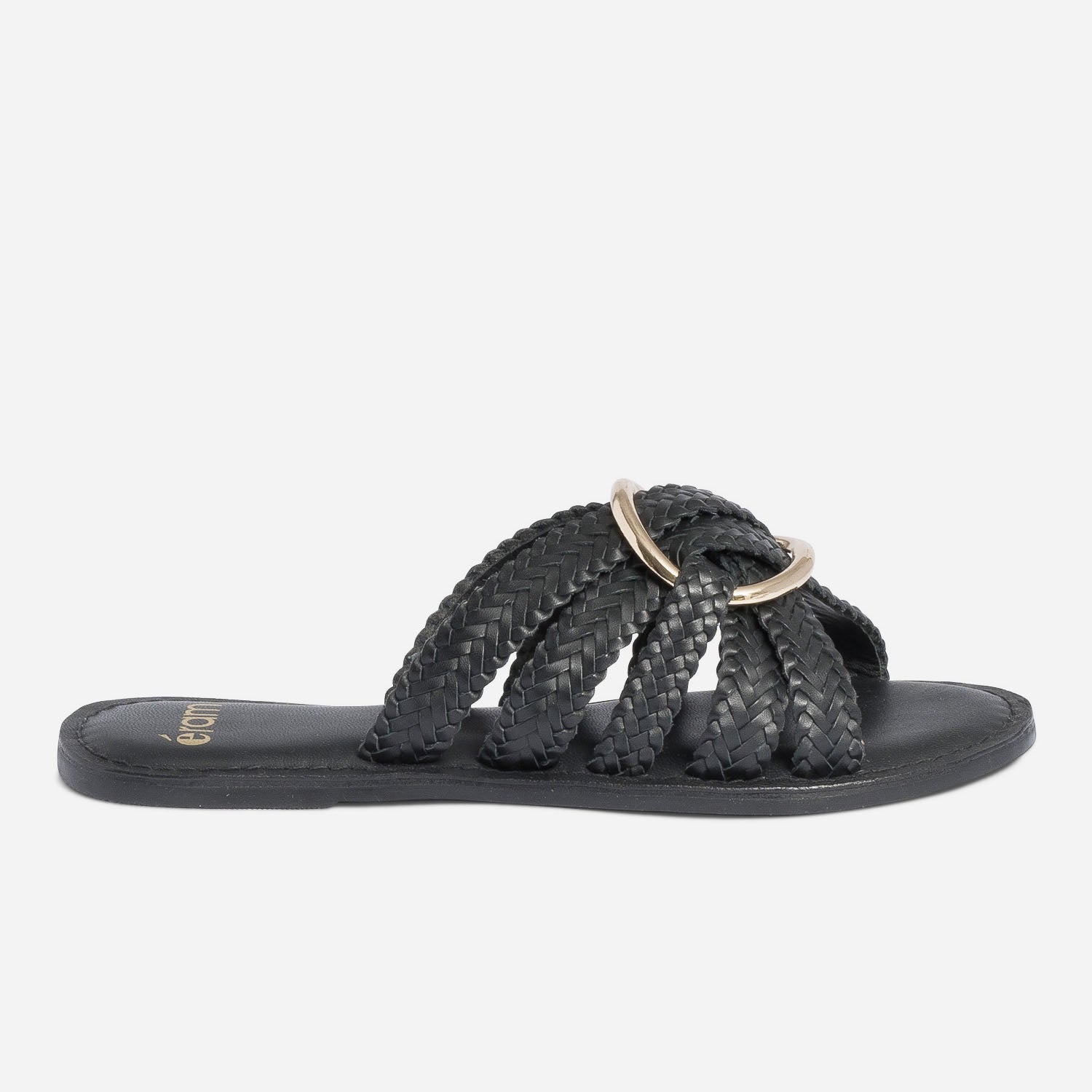 Mule noire en cuir tress avec maxi anneau Mules Tongs Femme