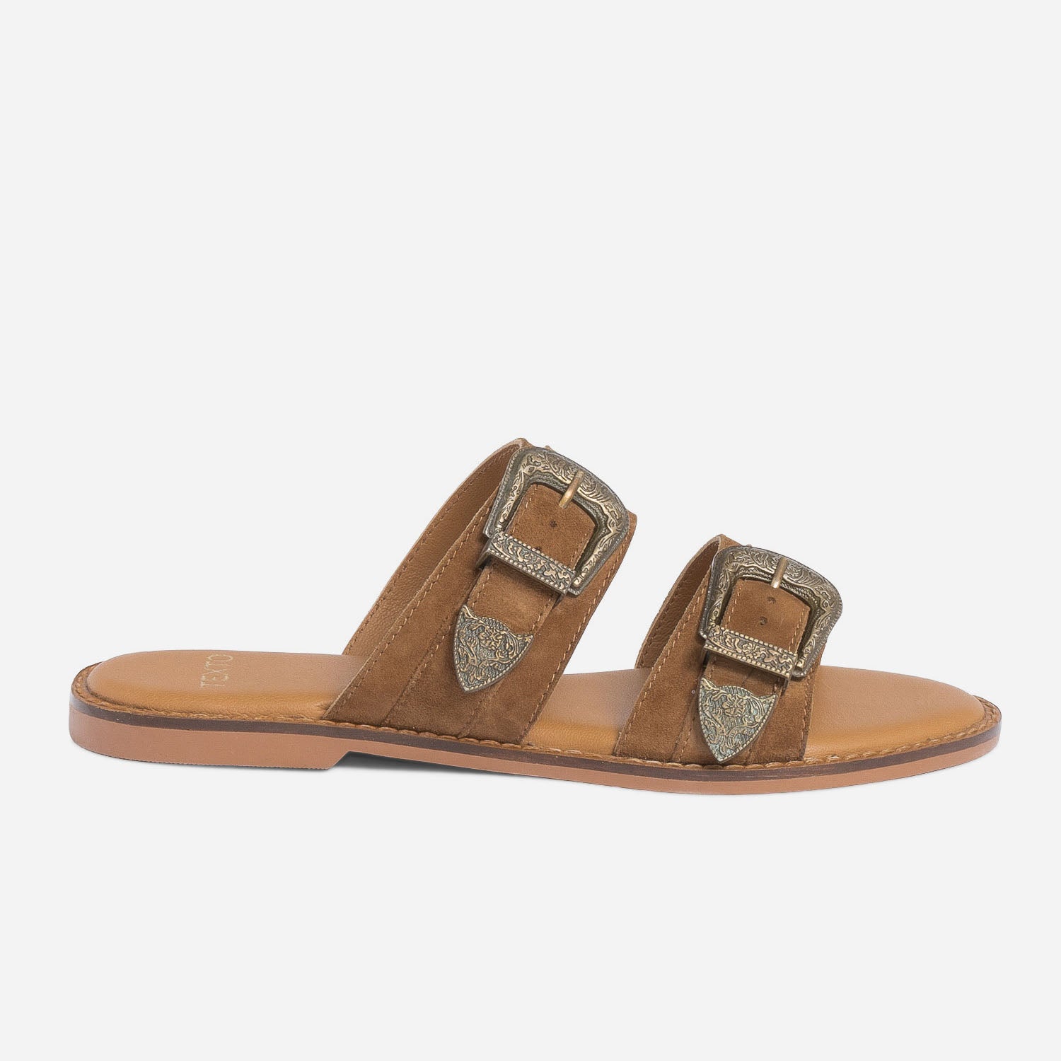 Mule TEXTO camel en cuir velours a boucles western Mules Tongs Femme ERAM