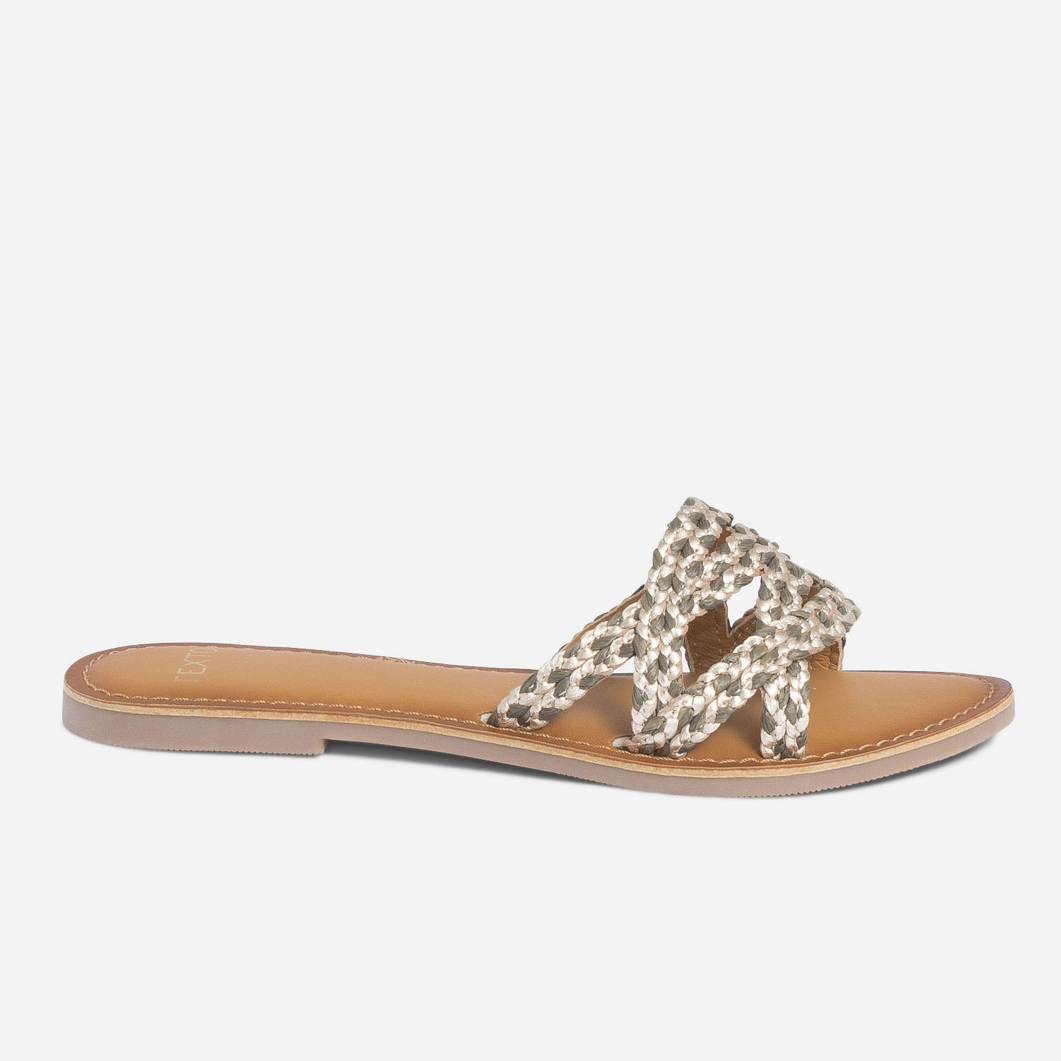 Mule TEXTO doree et kaki en cuir et raphia tresse Mules Tongs Femme ERAM