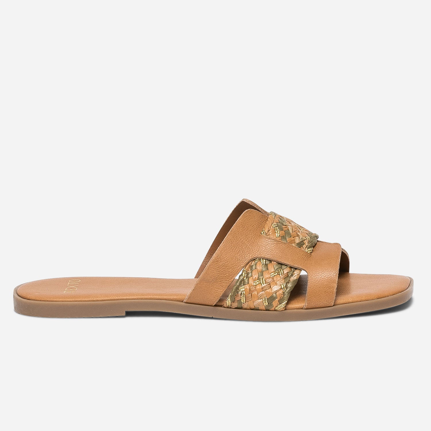Mule TEXTO camel en cuir avec bande tress e Mules Tongs Femme
