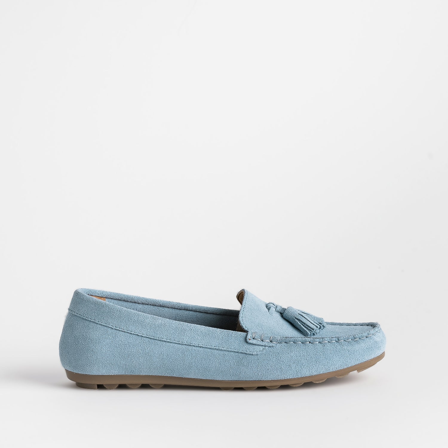 Mocassin bleu ciel cuir velours a pampilles