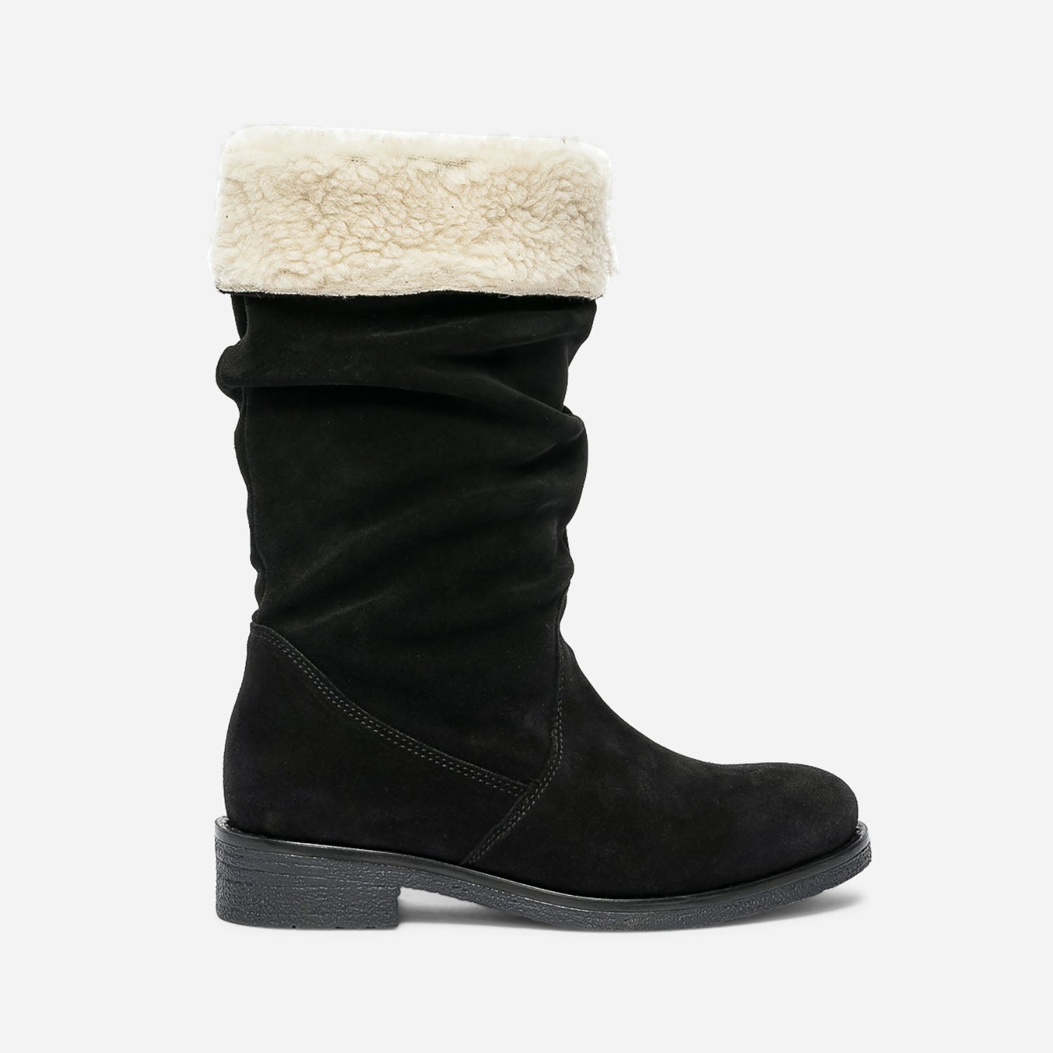 Botte noire en cuir velours co con u pliss et fourr Bottes