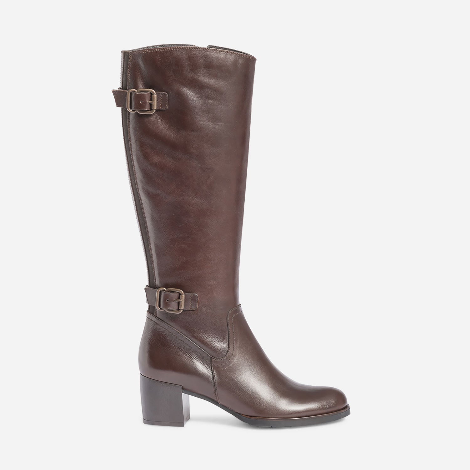 Botte talon marron fonc en cuir pour mollet large Bottes