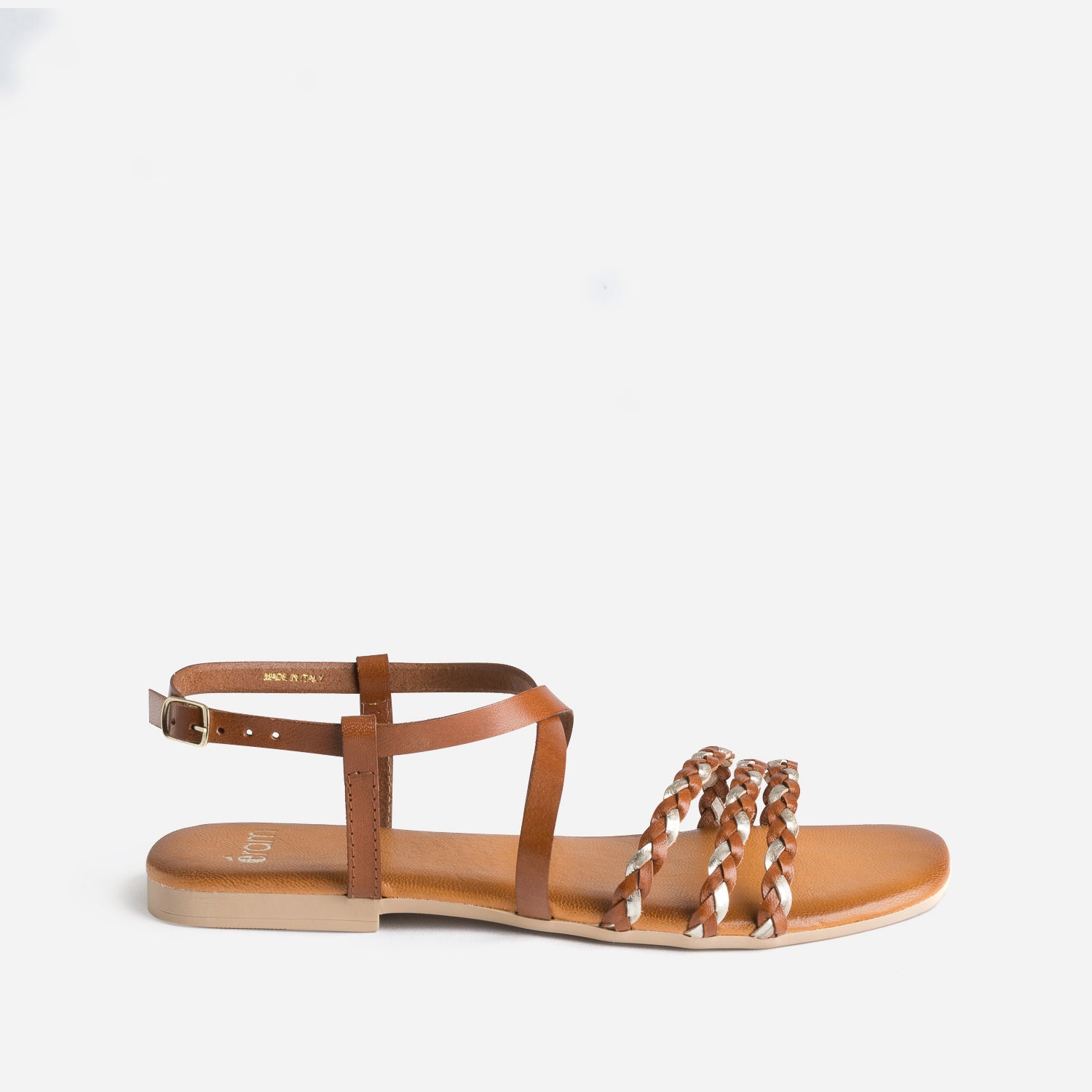 Sandale cognac et dor en cuir tress