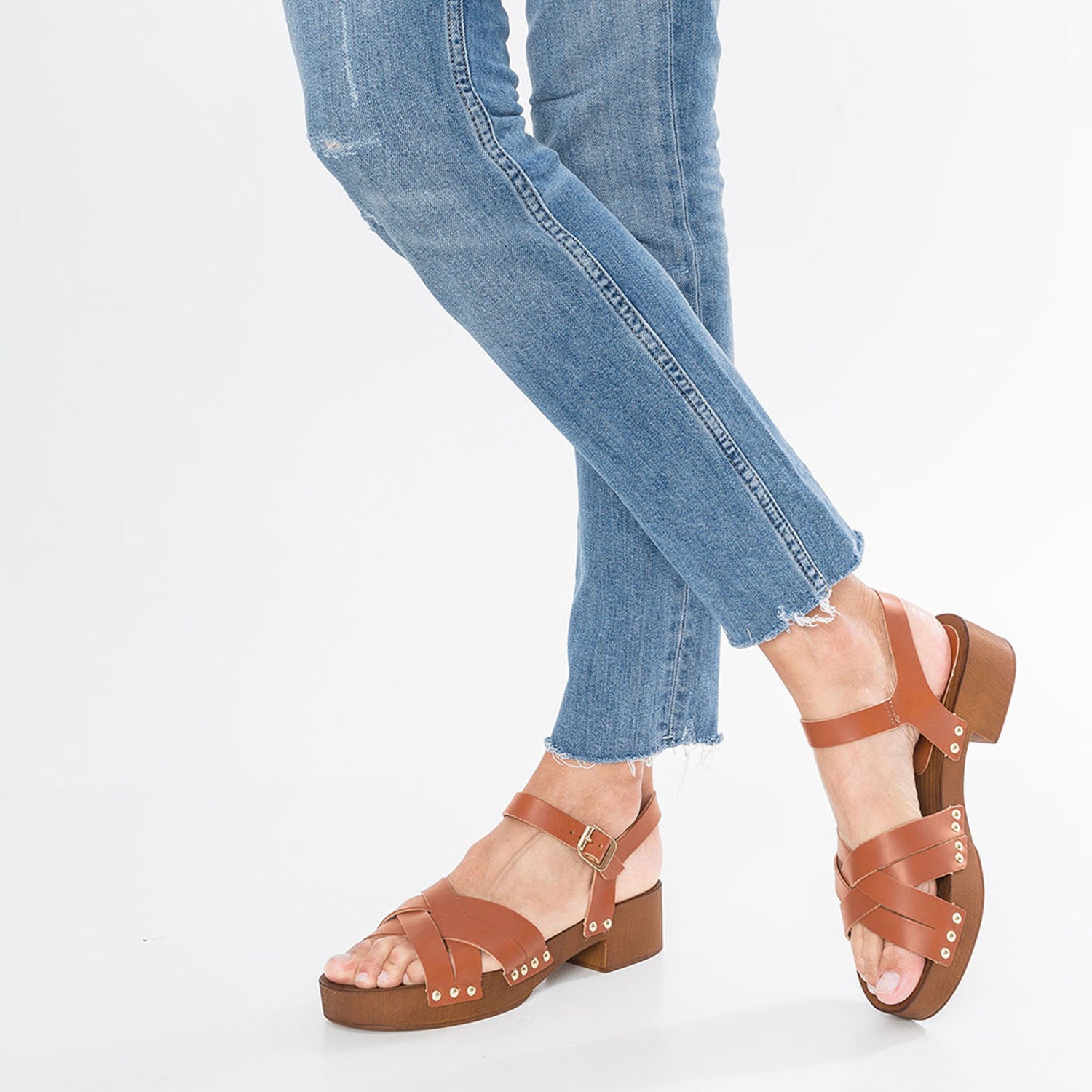 Sandale camel en cuir a semelle bois Sandales Femme ERAM