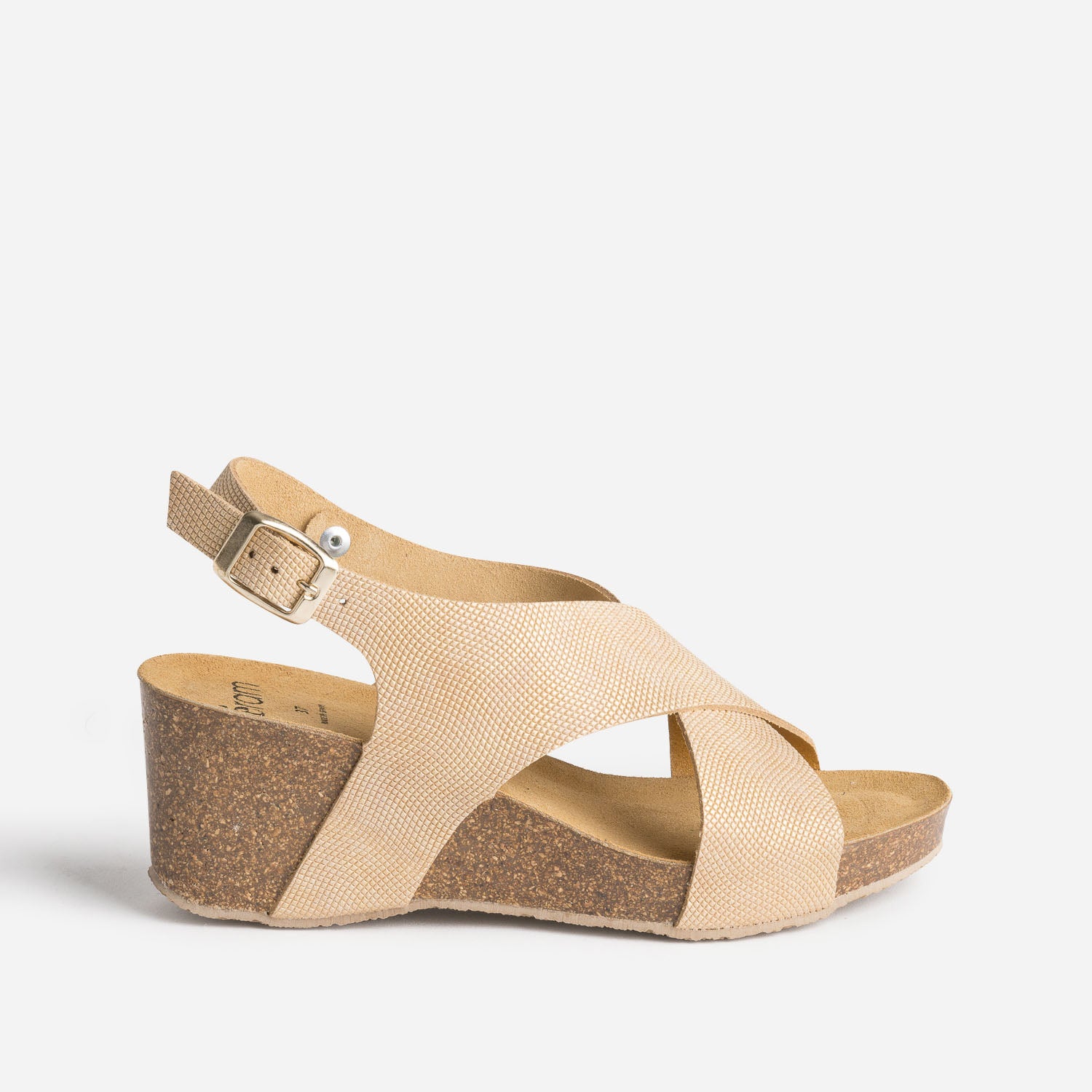 Sandale compens e anatomique beige dor en cuir emboss Sandales