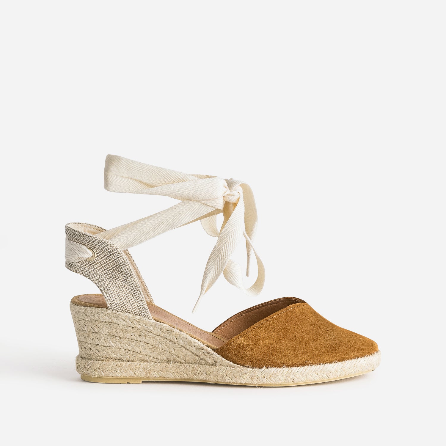 Espadrille compens e camel en cuir velours