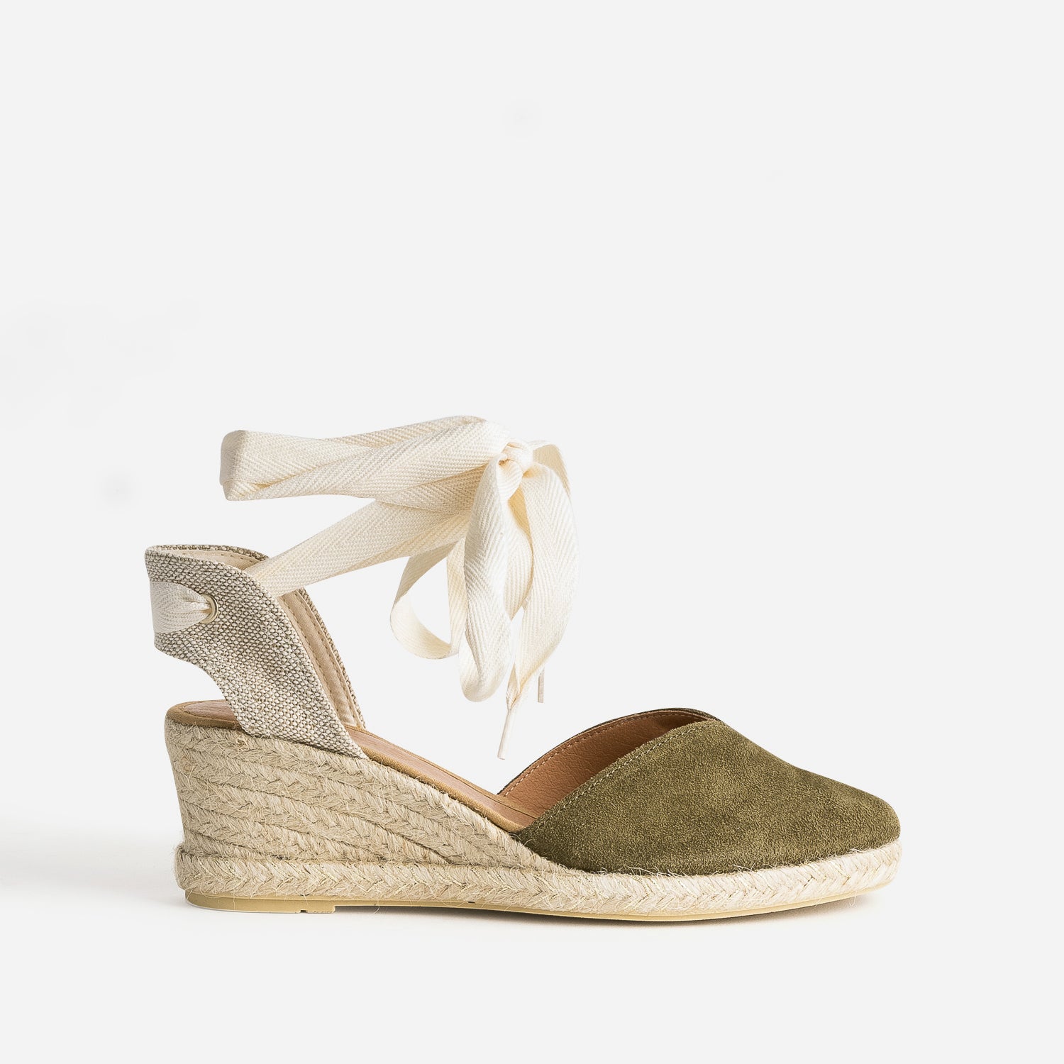 Espadrille compens e kaki en cuir velours Sandales Femme ERAM