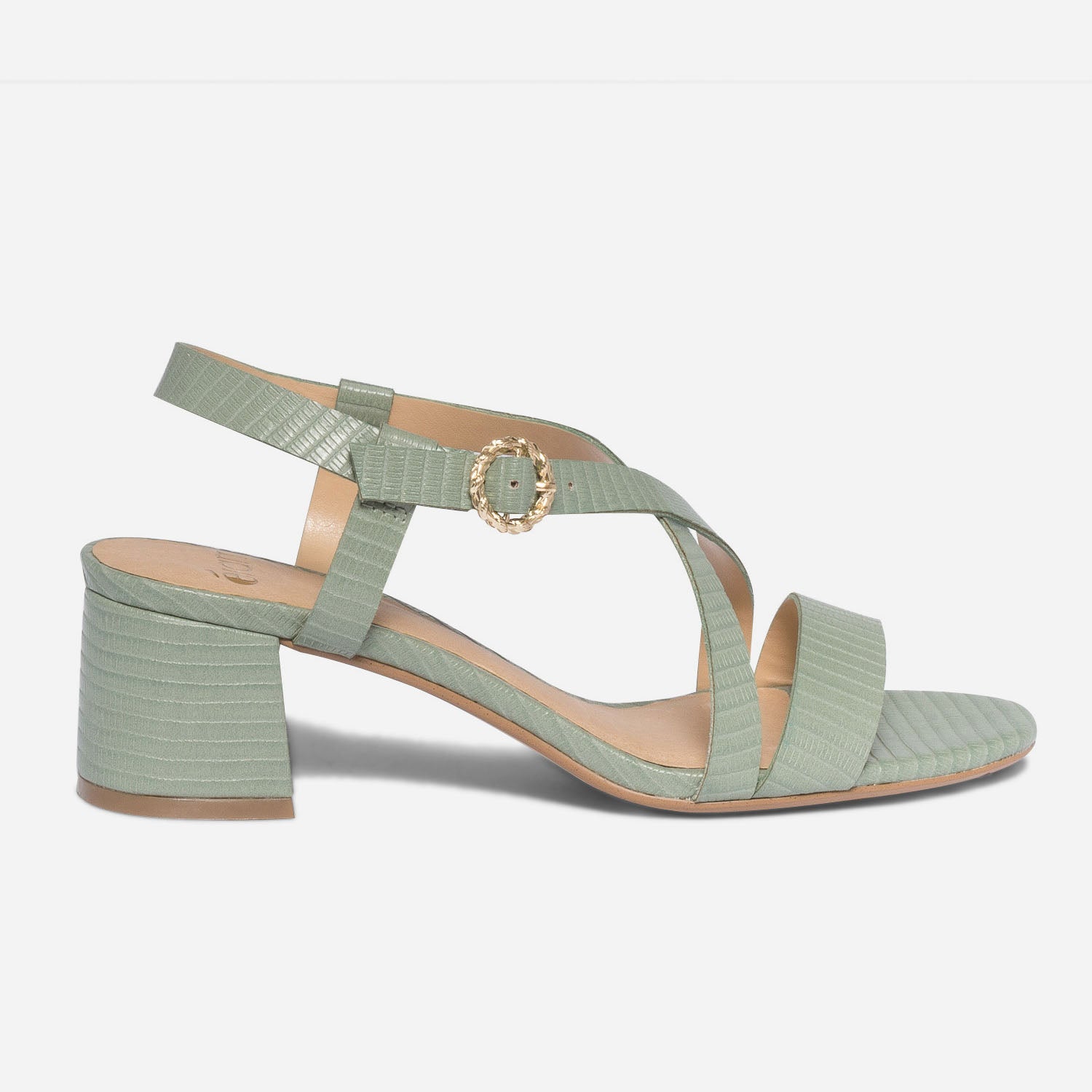 Sandale talon vert sauge en cuir emboss effet python
