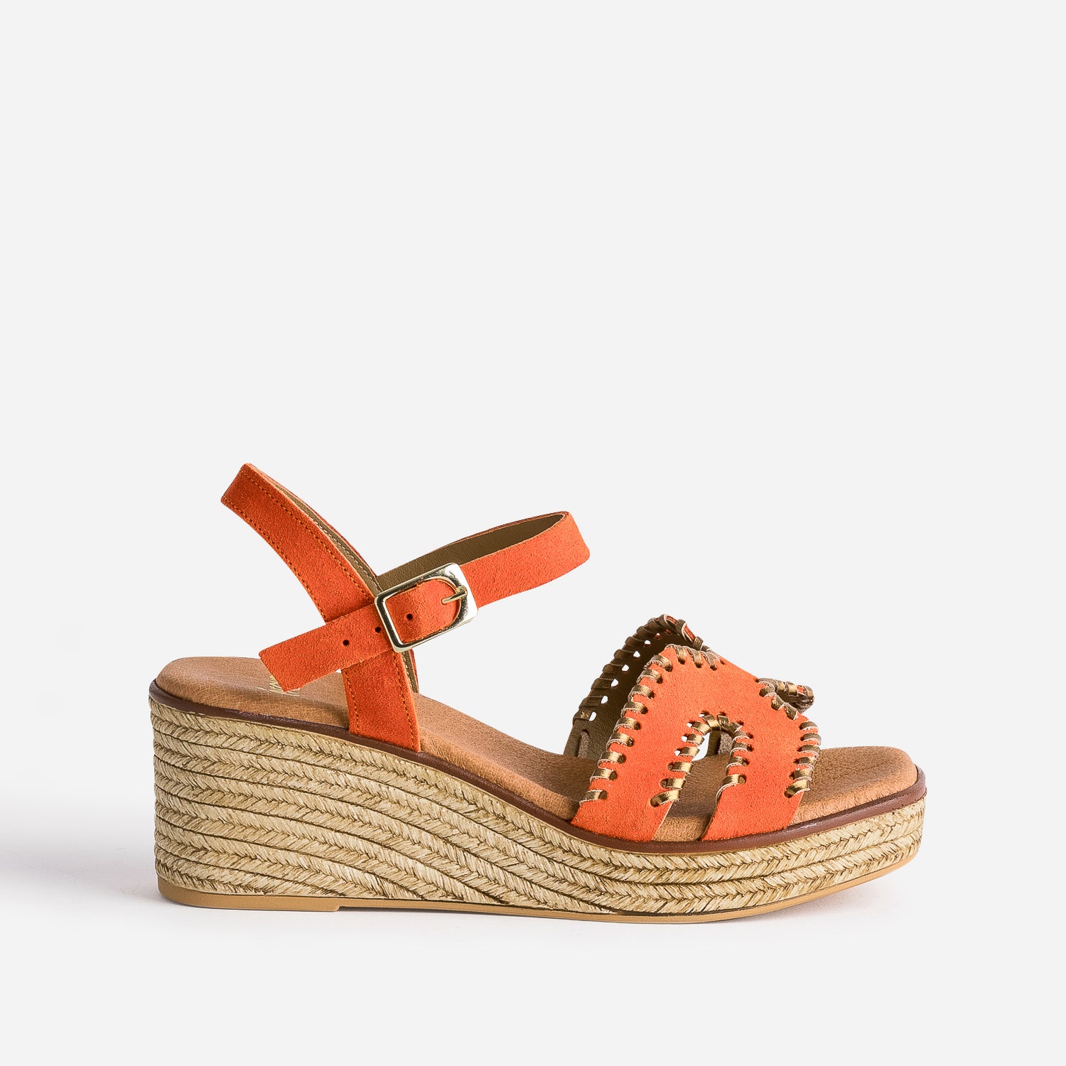Sandale compens e orange cuir velours tress dor