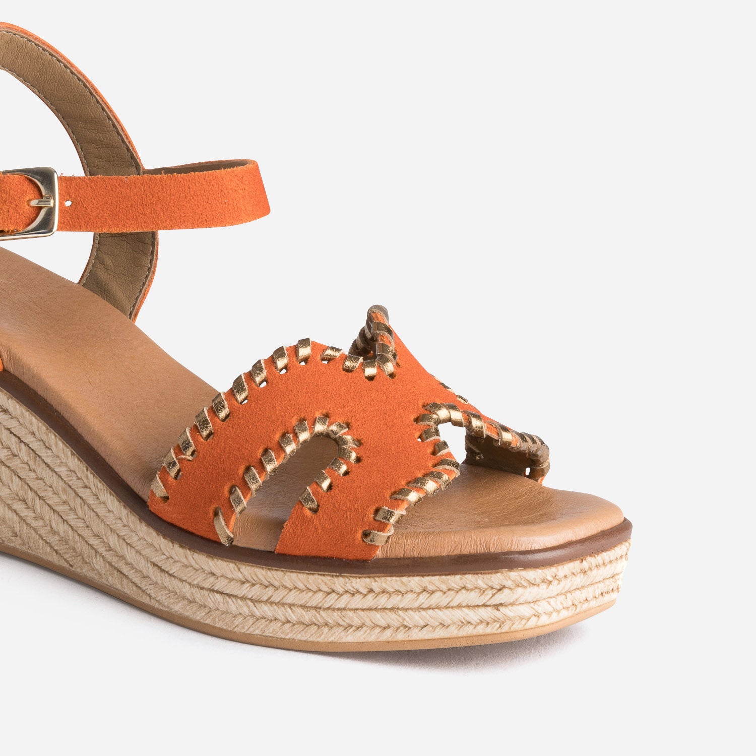 Sandale compensee orange cuir velours tresse dore Espadrilles Femme ERAM