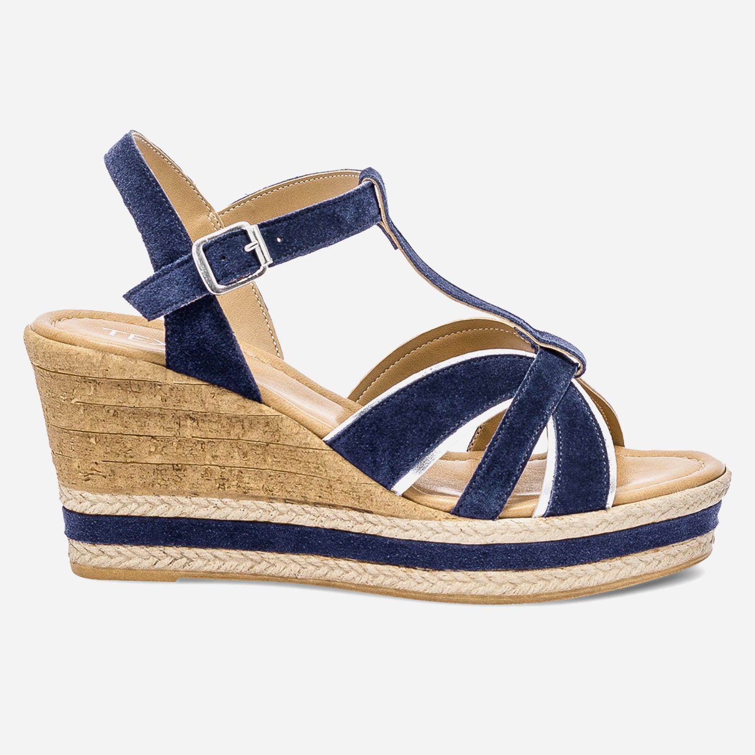 Sandale compensee TEXTO marine en cuir velours Sandales Femme ERAM