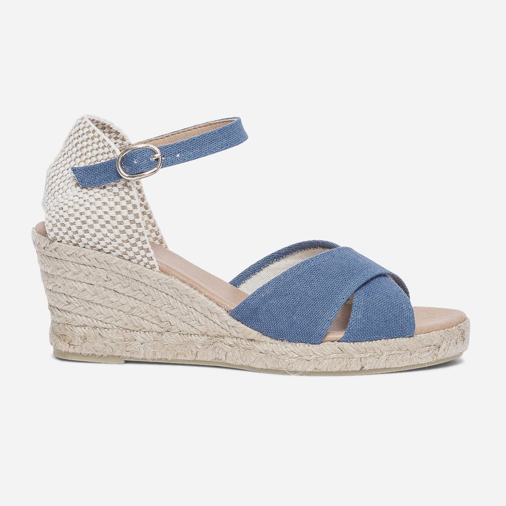 Sandale compensée bleue en toile de coton et chanvre BLEU pour Femme ERAM
