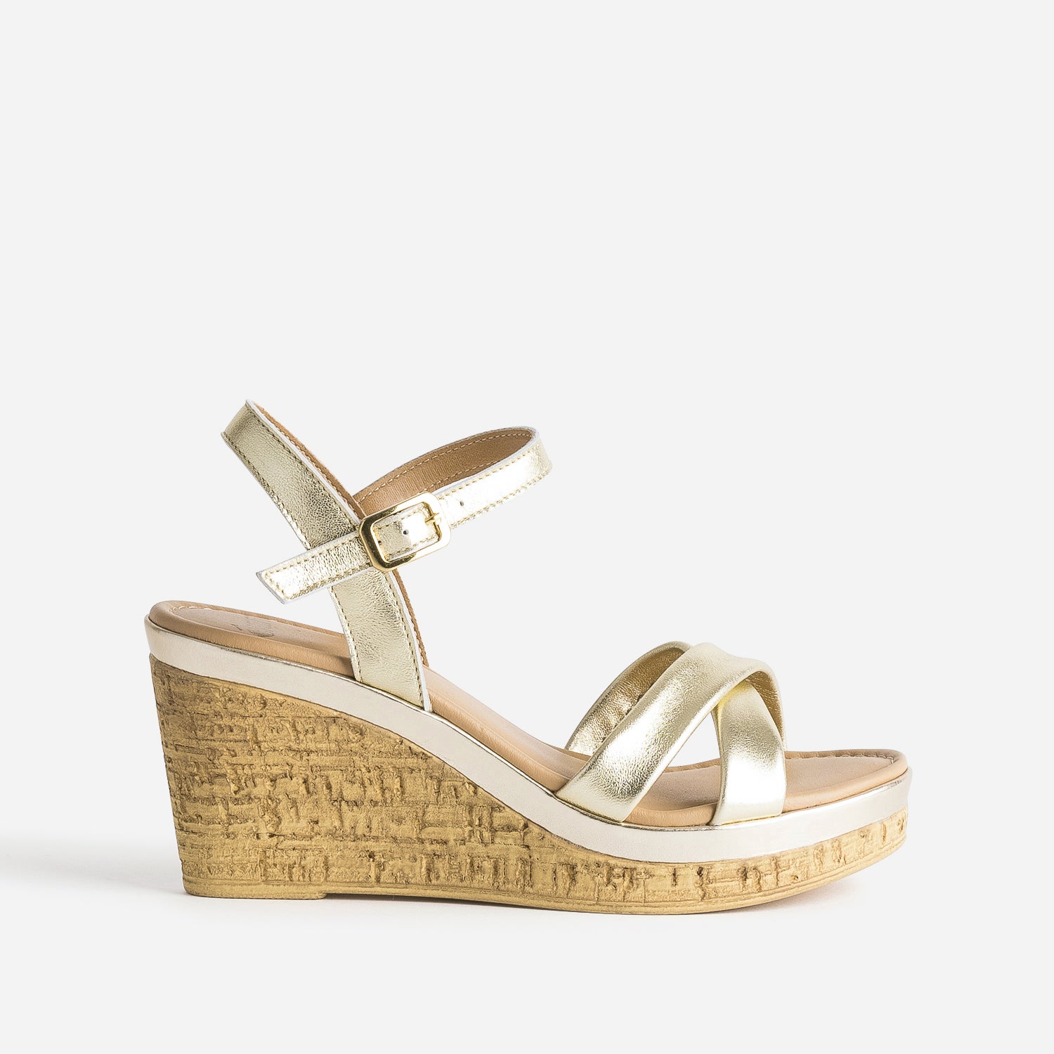Sandale compensee doree en cuir