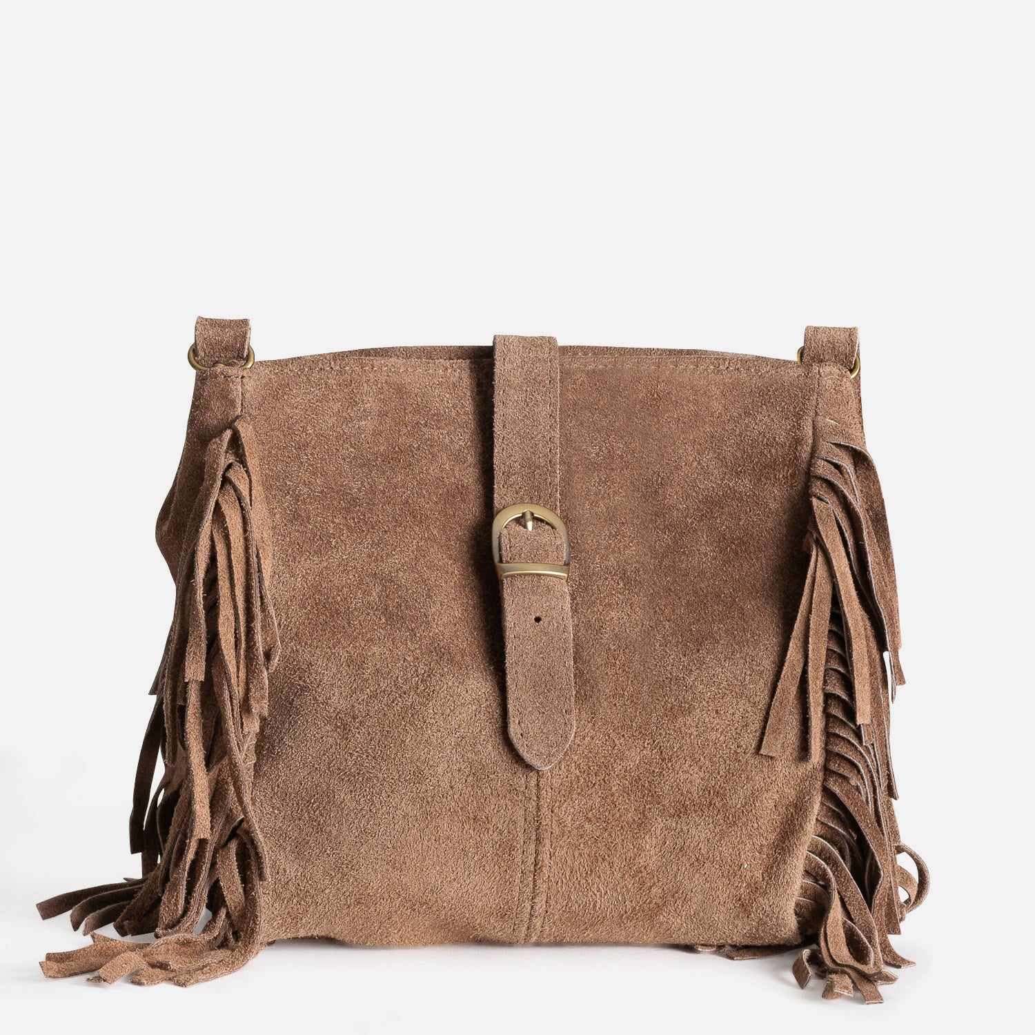 Sac a main TEXTO taupe cuir velours a franges