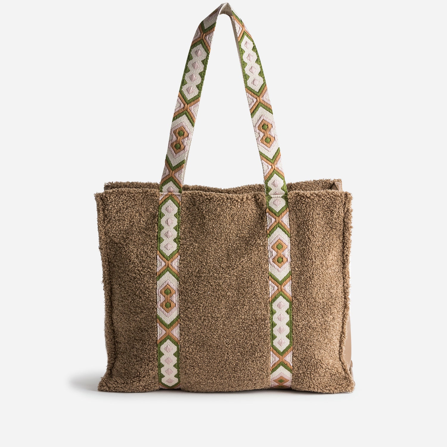 Sac TEXTO marron clair sherpa avec anses brodees Sac cabas Grand volume Maroquinerie ERAM