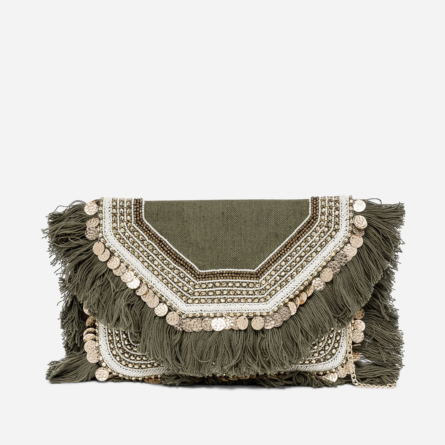 Sac pochette kaki en textile broderies ethniques Sacs main
